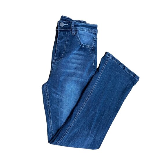 Womens Size Medium Blue Jeans Embroidered Wings Boot Legs Stretch Midrise Y2K - Picture 1 of 8